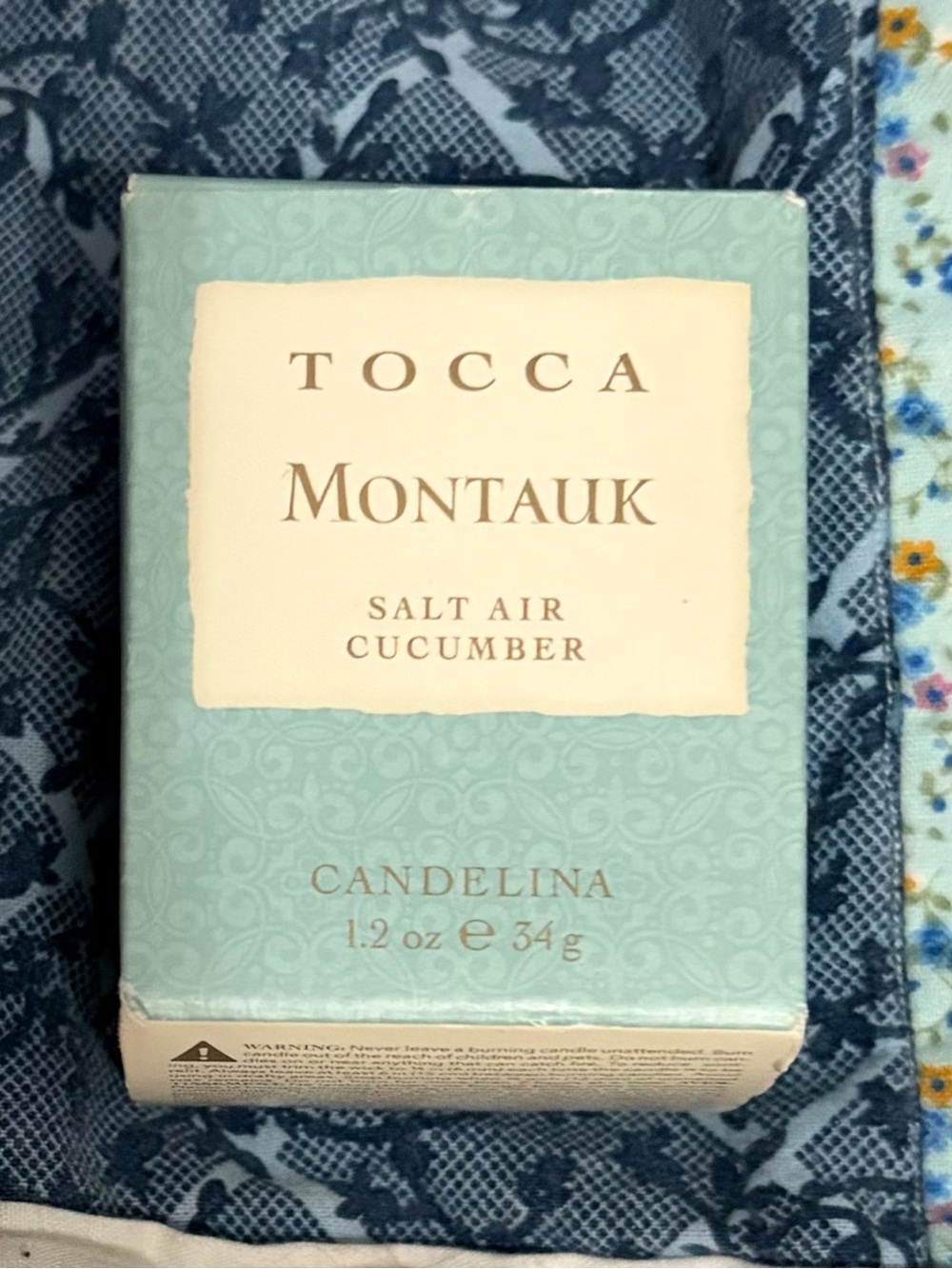 Tocca Montauk Salt Air Cucumber candelina in Seafoam Green and Cream box